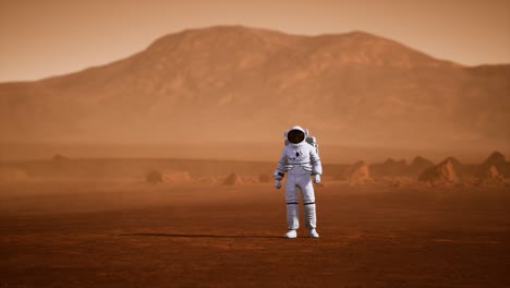 Astronaut-Auf-Der-Marsoberfläche.-Roter-Planet,-Bedeckt-Mit-Gas-Und-Gestein